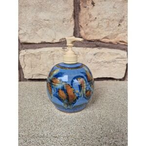 Handmade Studio Pottery Soap or Lotion Dispenser Blue Drip Glaze Signed 6.5"